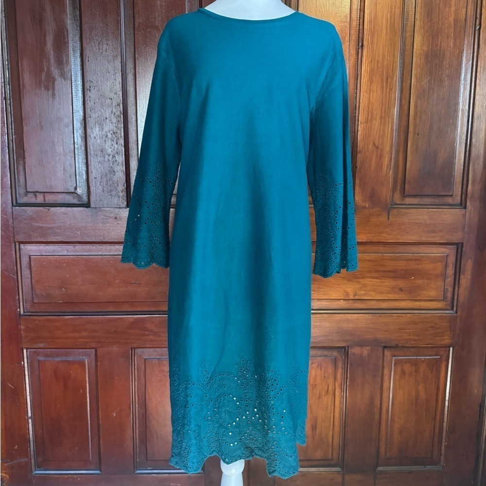 J.Jill Pacific Teal Eyelet Trimmed Cotton Dress Size Large Made in India